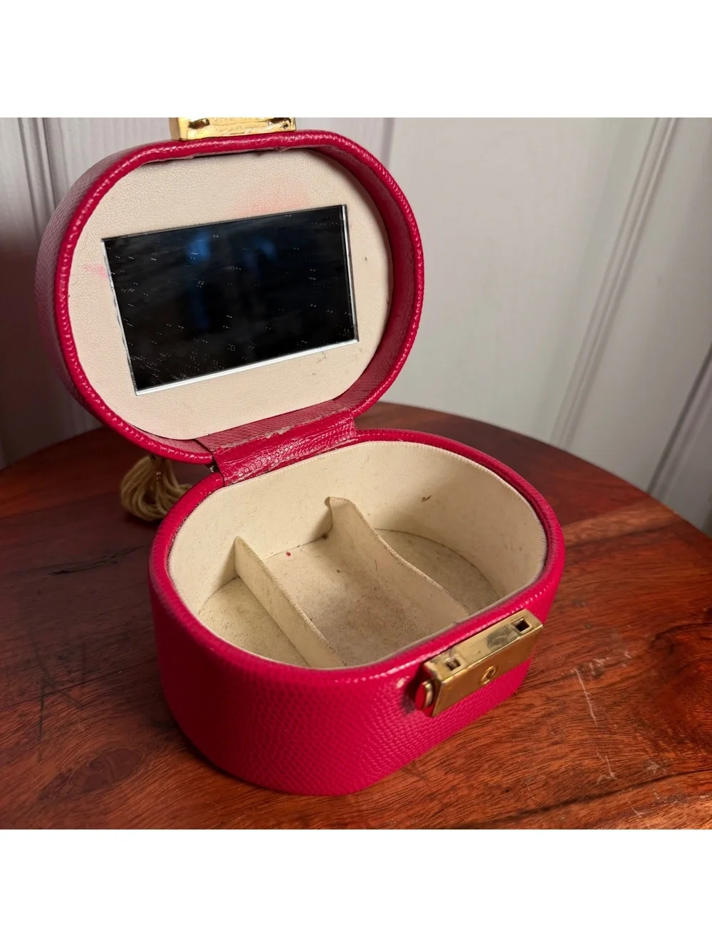 Vintage 90s WOLF Designs Genuine Leather Mini Jewelry Box Pink Gold Tassel